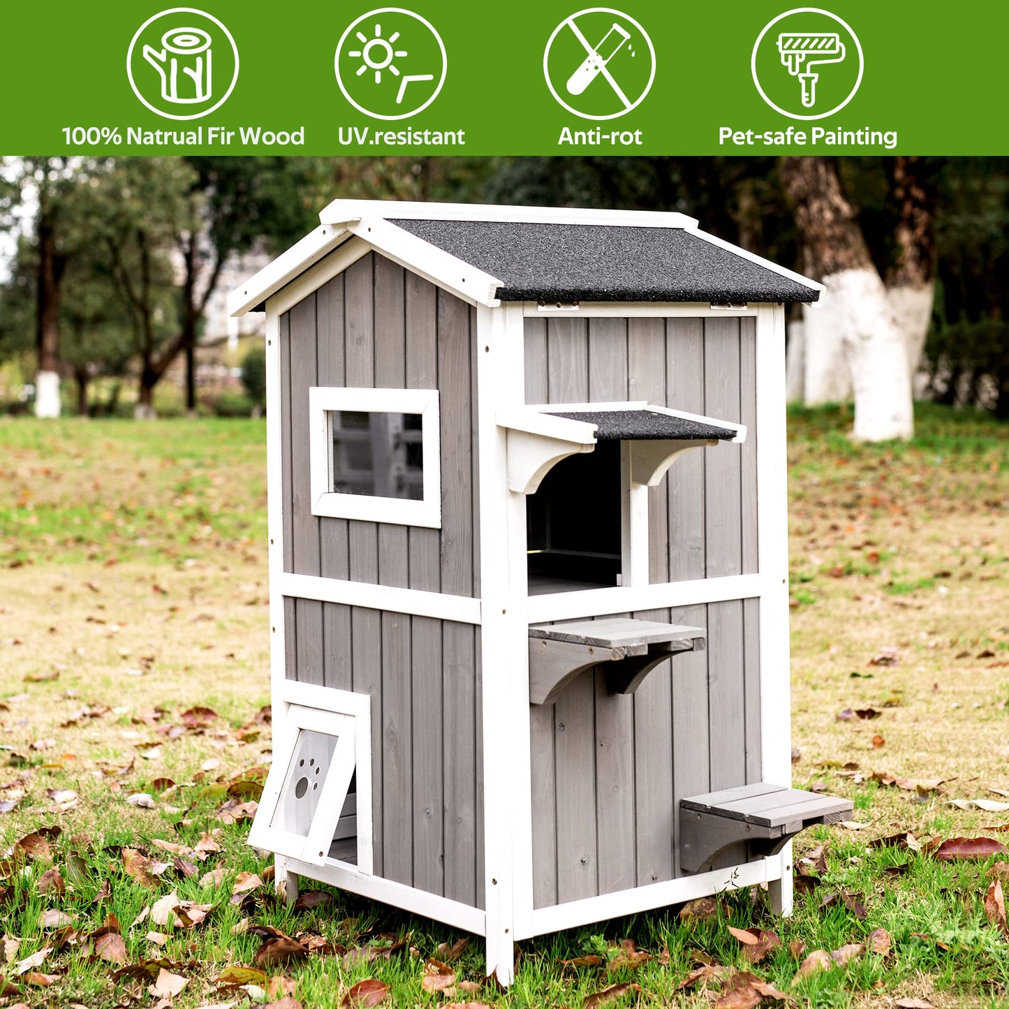 Ketive Cat House for Outdoor & Indoor Wooden Waterproof Cat Condo Cat Outdoor Enclosure with Escape Door,2 Story Kitty House - WoodArtSupply