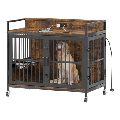 Piskyet Large Dog Crate Furniture,Heavy Duty Dog Crate Side Table with Charge Station and Storage&360°Rotatable Feeder and Stainless Steel Bowls,Indoor Double Door Kennel with Wheels - Rustic Brown