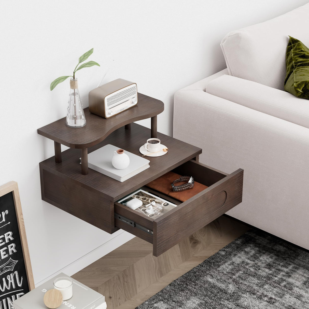 LUPWNEKA Floating Nightstand with Drawer - Brown Nightstand Floating Bedside Table, 2-Tier Wooden Bedroom Shelves for Wall, Morden Wall Mounted Nightstand for Bedroom, Bathroom, Study Room LUPWNEKA