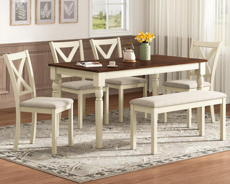 AMERLIFE 6-Piece Farmhouse Dining Table Set, 60” Solid Wood Table, 4 Upholstered Chairs and Bench, Rustic White and Walnut Finish, Seating for 6, for Kitchen or Dining Room AMERLIFE