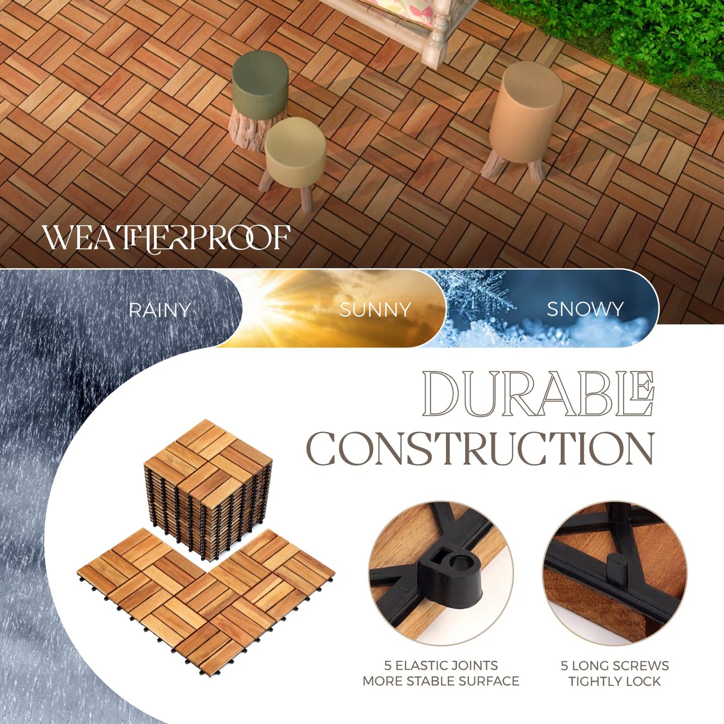 TimberWave Pack of 10 Deck Tiles, Solid Acacia Wood Floor Tiles, Patio Tiles Outdoor Interlocking Waterproof All Weather (12"x12" - 12 Slat, Golden Teak, 10)