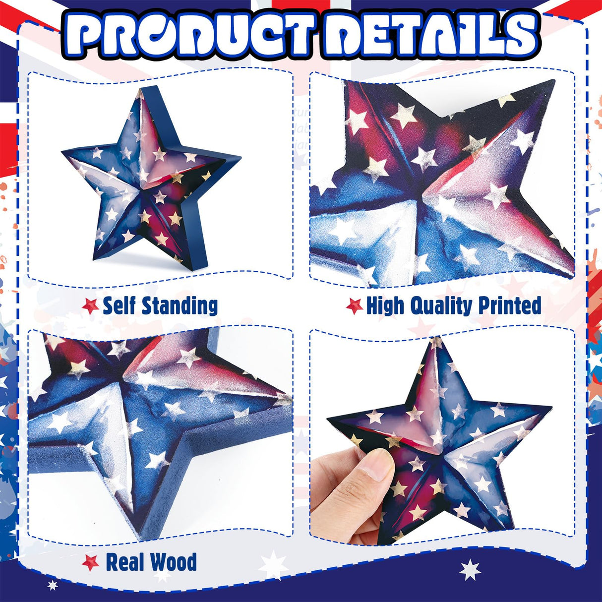Beeveer 6 Pcs 4th of July Wooden Stars Signs Star Tiered Tray Decor Red Blue White Wood Star Shape Table Blocks for Party Home Office Table Shelf Decor for Independence Day(Patriotic Style) Beeveer