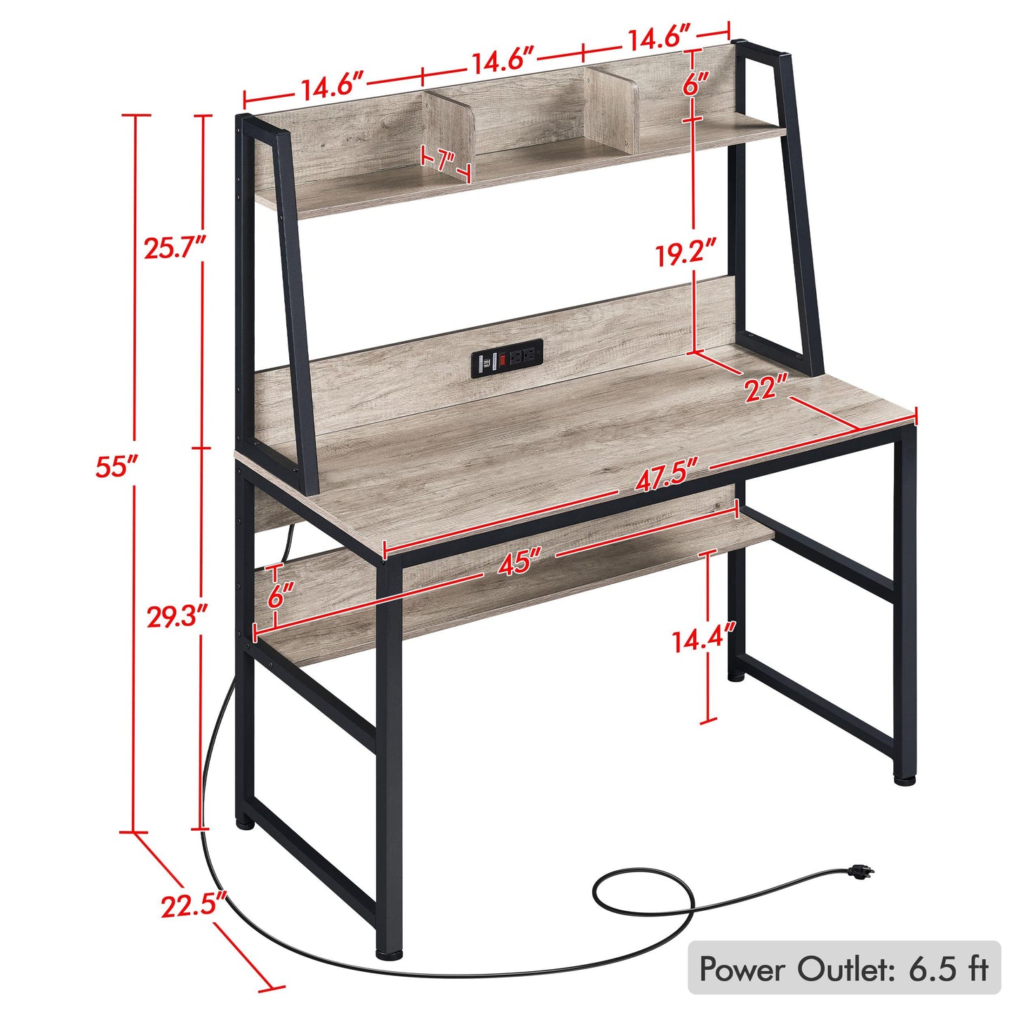 Yaheetech 47 Inch Grey Writing Desk with Power Outlets and USB Charging Ports for Home Office and Gaming - WoodArtSupply