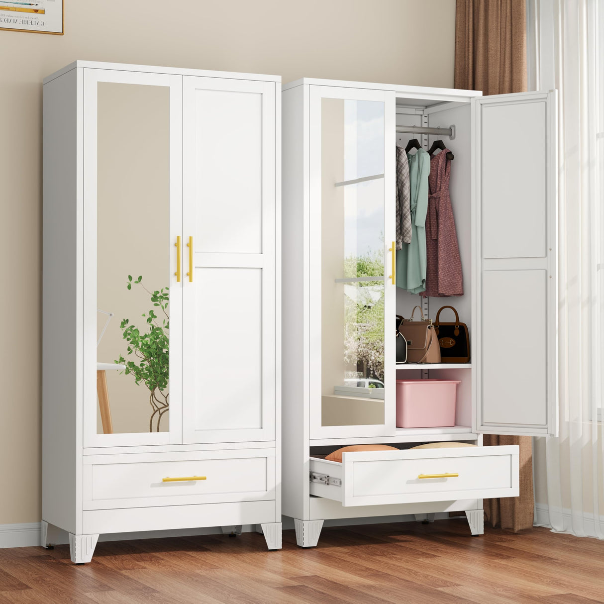 winiowa Metal Armoire Wardrobe Closet with Drawer, 71" Wardrobe Cabinet with Adjustable Shelves and Hanging Rod, Clothing Storage Cabinet Closet with Mirror for Bedroom-White winiowa