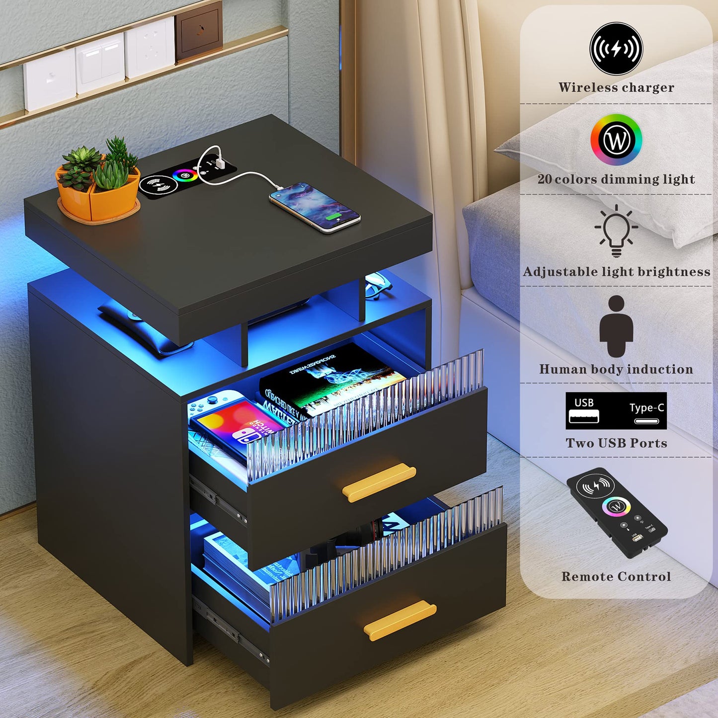 Black Night Stand with Charging Station: All in One Nightstand with Drawers Bedside Table with LED Light & Human Sensor Design Modern End Table for Bedroom Livingroom Office - WoodArtSupply