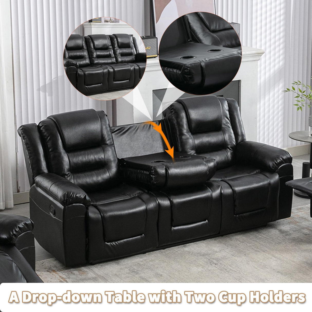 3 Seater Home Theater Recliner Manual Recliner Chair with Two Built in Cup Holders for Living Room,Bedroom, Black Generic