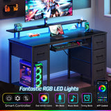 Seventable Computer Desk 55.1" with LED Lights & Power Outlets, Home Office Desk with 4 Drawers, Writing Desk with Keyboard Tray, Study Desk with Monitor Stand, Work Desk for Home Office, Black Seventable