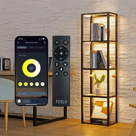 FENLO Fantasy Plus 66" Luxury Display Shelf with Dimmable LED Floor Lamps, Sturdy Curio Cabinet with Glass Bookcase Display Case, Shelves for Bedroom, Open Bookshelf, Brown FENLO