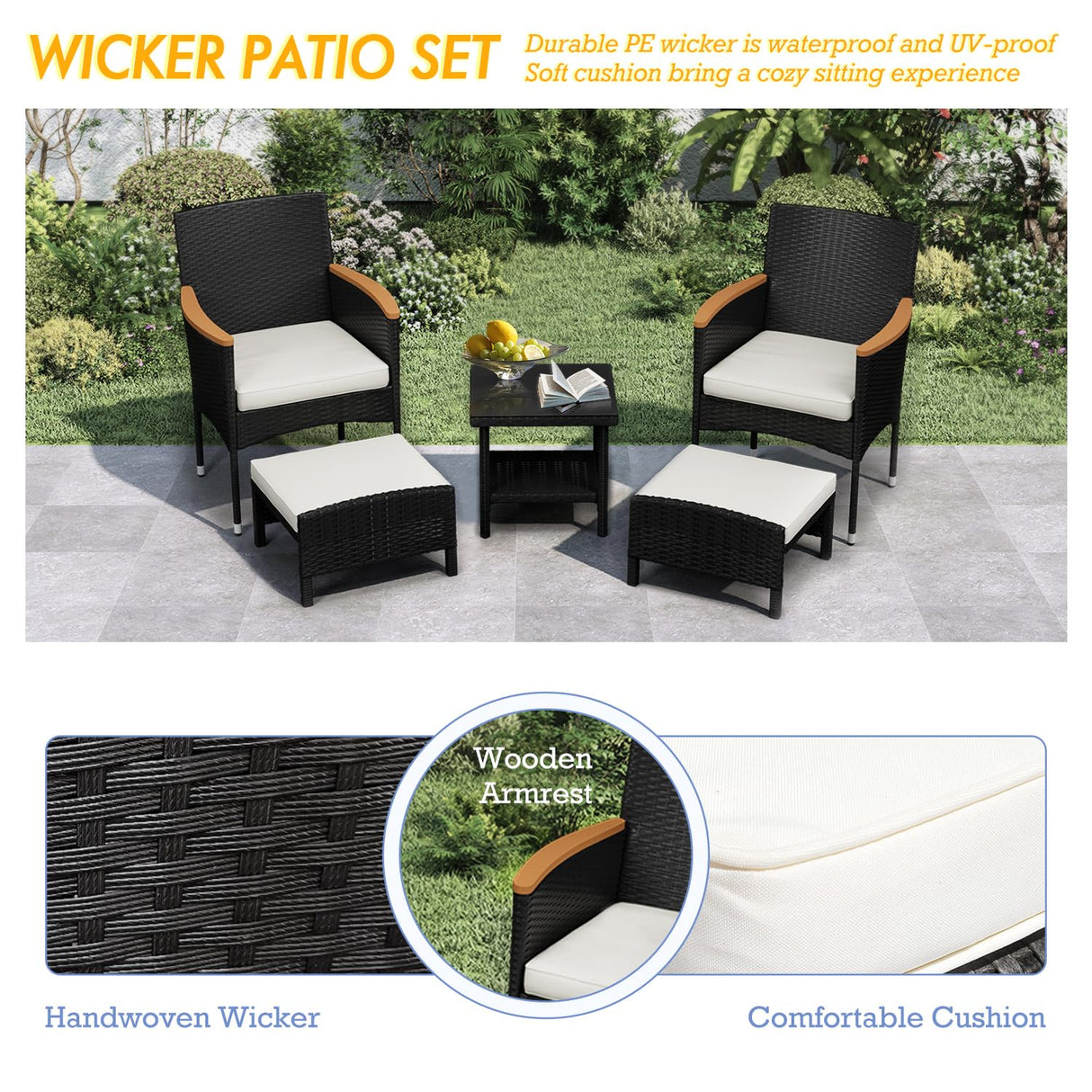 ARTBUSKE 5 PCS Outdoor Patio Furniture Set with Table&Ottoman Outdoor Furniture Patio Set Bistro Wicker Patio Set (Black Wicker&White Cushion, 5PC - 2 Chair + 2 Ottoman + 1 Table) ARTBUSKE
