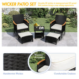 ARTBUSKE 5 PCS Outdoor Patio Furniture Set with Table&Ottoman Outdoor Furniture Patio Set Bistro Wicker Patio Set (Black Wicker&White Cushion, 5PC - 2 Chair + 2 Ottoman + 1 Table) ARTBUSKE
