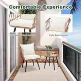 ECOTOUGE 3 Pieces Wicker Patio Bistro Set, Patio Rattan Dining Set with Glass Top Table and Cushions, Outdoor Conversation Furniture Set for Porch, Backyard and Garden (Beige) ECOTOUGE