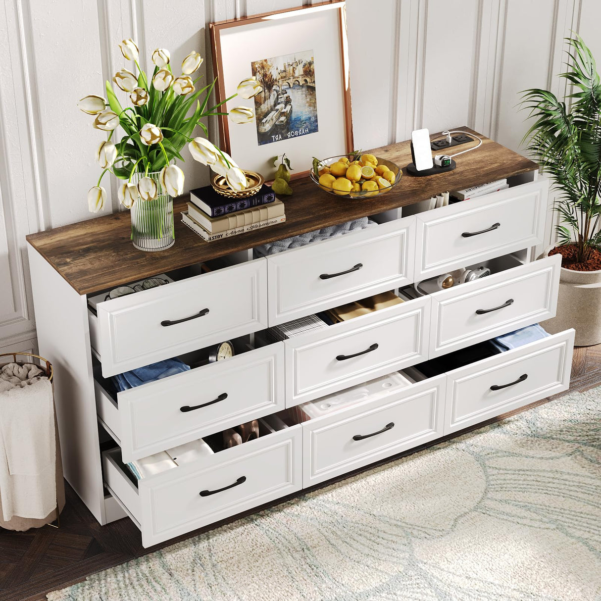 Fameill Dresser for Bedroom, 9 Drawer Wide Dresser Organizer with Charging Station, Tall Dresser for Hallway, Wood Dresser with Metal Handles, Farmhouse White Fameill