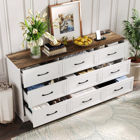 Fameill Dresser for Bedroom, 9 Drawer Wide Dresser Organizer with Charging Station, Tall Dresser for Hallway, Wood Dresser with Metal Handles, Farmhouse White Fameill
