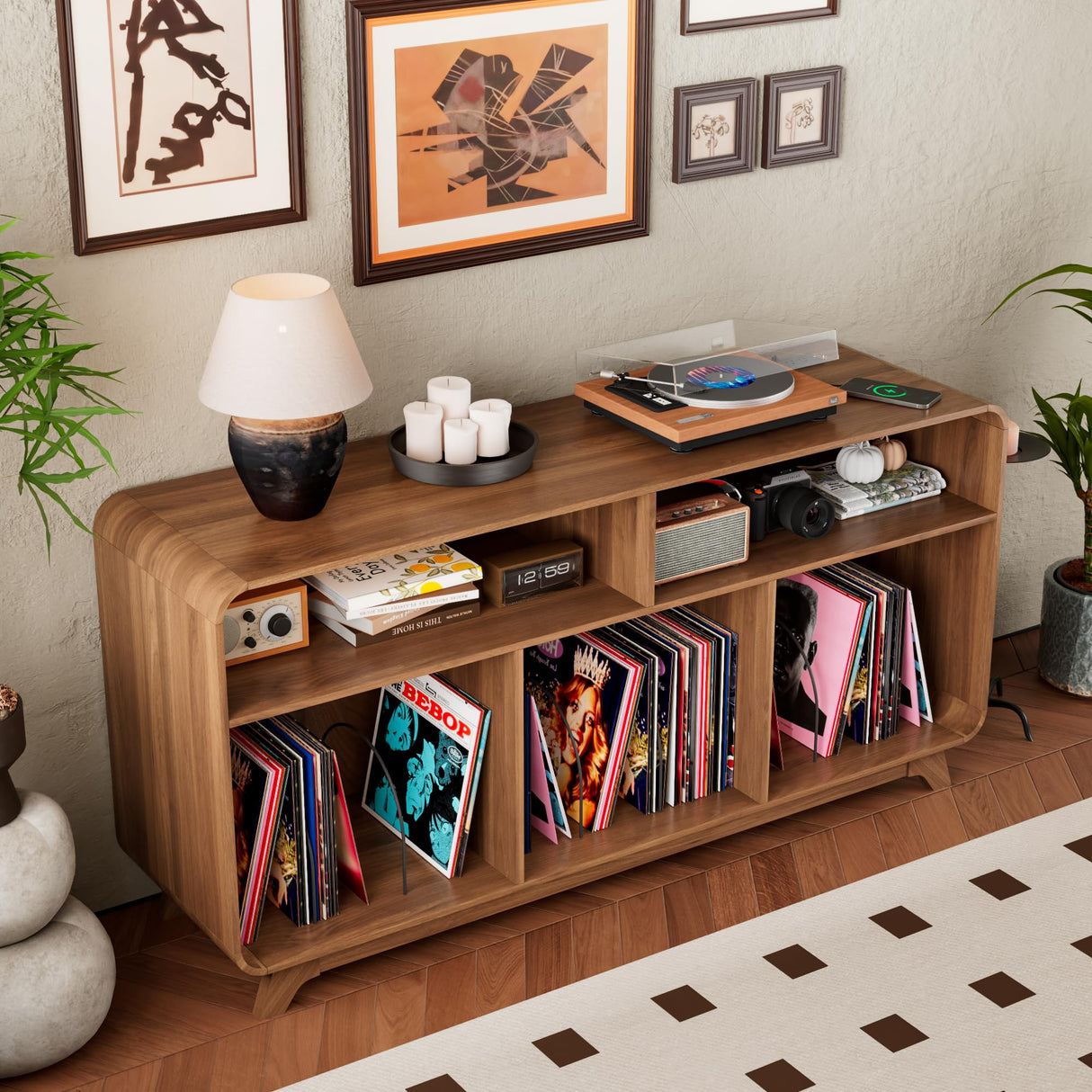 Boweniog Record Player Stand with Vinyl Storage Cabinet with Charging Station & USB Ports, Turntable Stand Table Holds Up to 350 Albums, Curved Vinyl Record Cabinet for Living Room (Walnut, 55-inch) Boweniog