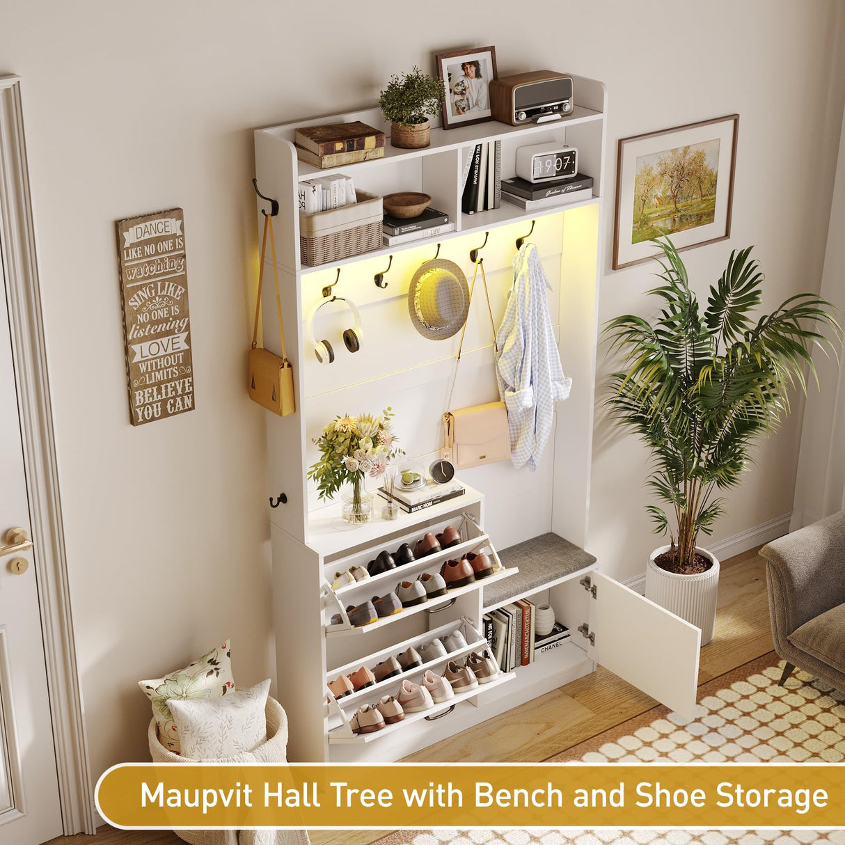 Maupvit Entryway Hall Tree with Bench and Shoe Storage, 5-in-1 Narrow Hall Tree with LED Light, Cushioned Stool & 9 Hooks, 2 Flip Drawers, 78" Coat Shoe Rack for Mudroom, Hallway, Living Room, White Maupvit
