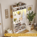 Maupvit Entryway Hall Tree with Bench and Shoe Storage, 5-in-1 Narrow Hall Tree with LED Light, Cushioned Stool & 9 Hooks, 2 Flip Drawers, 78" Coat Shoe Rack for Mudroom, Hallway, Living Room, White Maupvit