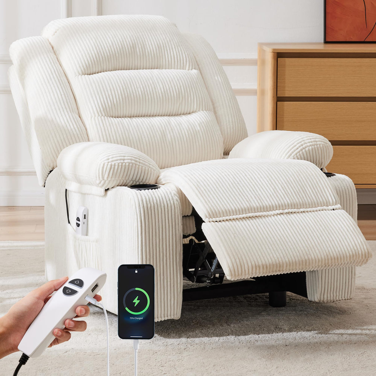 Hicosit Power Recliner Chair,Electric Reclining Chair for Adults,Adjustable Home Theater Seating Lounge,Recliners for Living Room,Bedroom with Charging Ports,Stripe White Hicosit