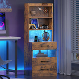 VIAGDO Tall Nightstand Set of 2 with Charging Station and LED Lights, Rustic Brown Night Stand Set 2 with Bookshelf, Modern LED Bedside Tables with 3 Drawers and Storage Shelves, Side Tables Bedroom VIAGDO