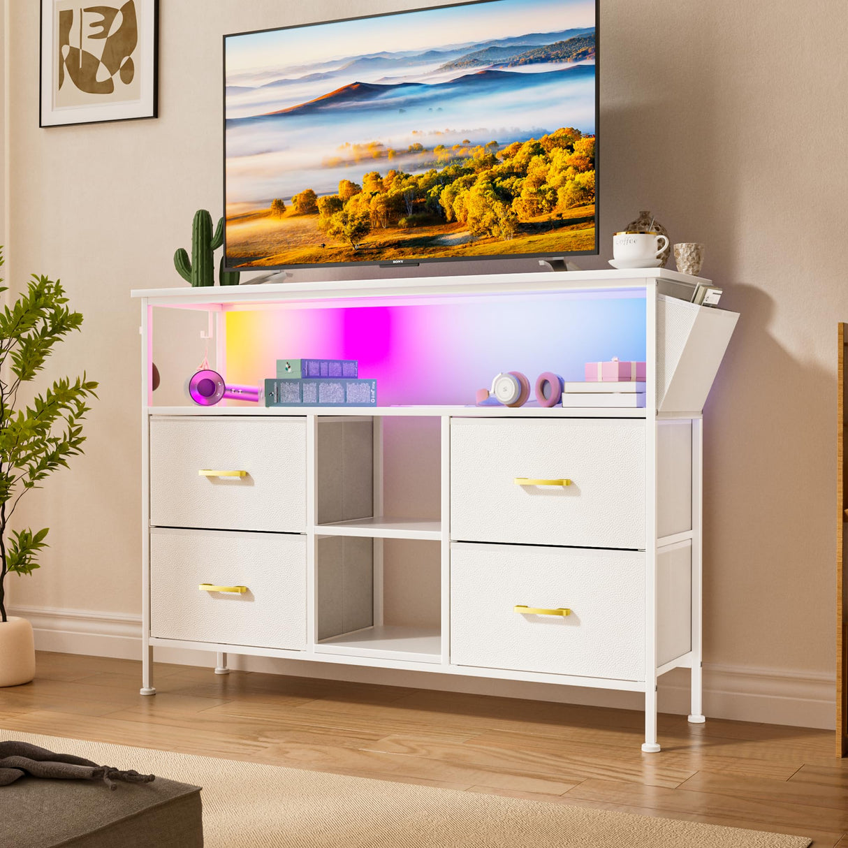 YILQQPER LED TV Stand with Power Outlet for Living Room, TV Media Console for TVs 50 Inch, Modern Dresser TV Stand with 4 Fabric Drawers & Shelves, Media Entertainment Center for Bedroom, White YILQQPER