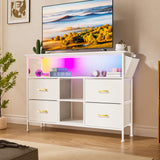 YILQQPER LED TV Stand with Power Outlet for Living Room, TV Media Console for TVs 50 Inch, Modern Dresser TV Stand with 4 Fabric Drawers & Shelves, Media Entertainment Center for Bedroom, White YILQQPER