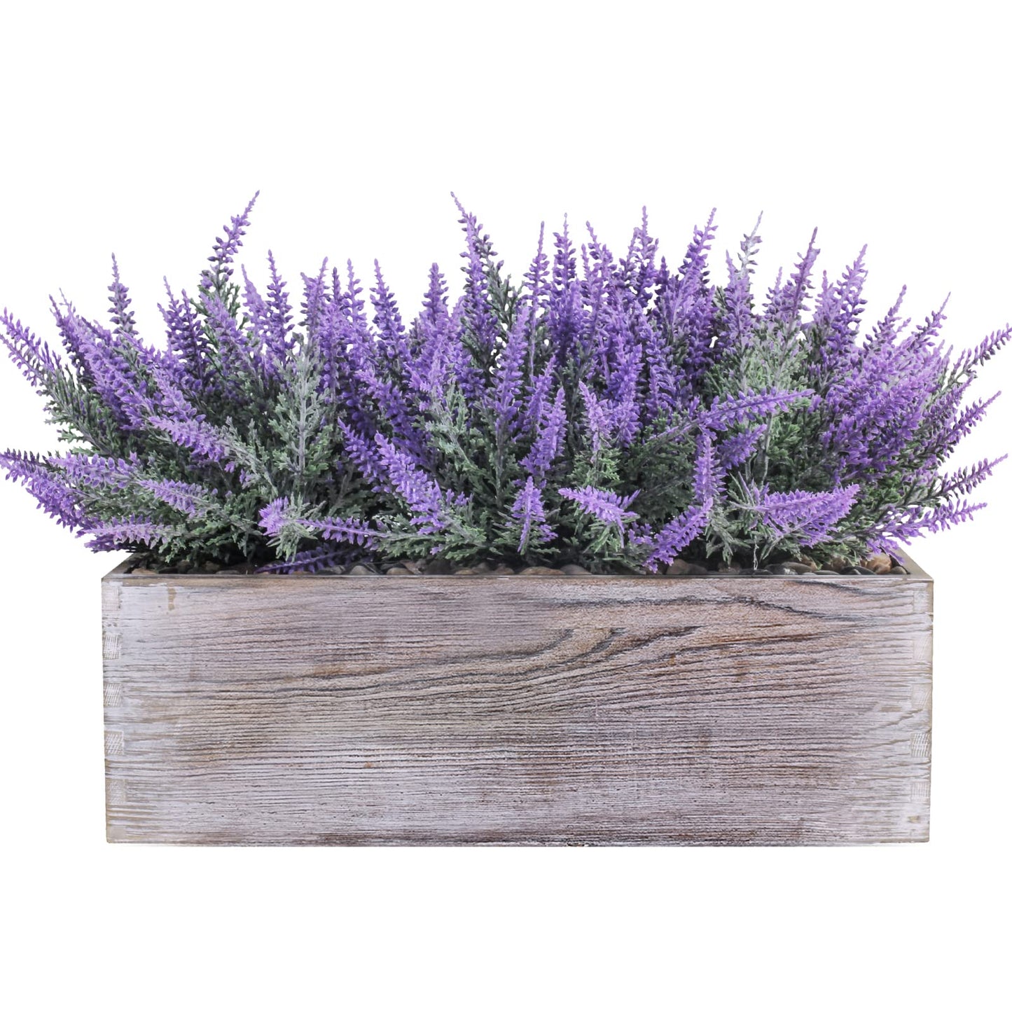 Fake Lavender Flower Arrangement in Rustic Rectangular Wood Planter Box Artificial Potted Lavender Plant for Gifts Farmhouse Wedding Centerpiece Kitchen Windowsill Table Shelf Indoor Greenery Decor