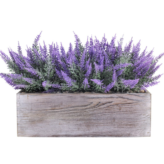 Fake Lavender Flower Arrangement in Rustic Rectangular Wood Planter Box Artificial Potted Lavender Plant for Gifts Farmhouse Wedding Centerpiece Kitchen Windowsill Table Shelf Indoor Greenery Decor