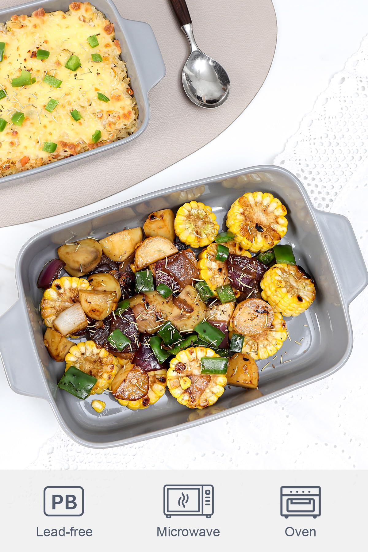 Yachi Ceramic Baking Dish Set: 3 Pcs Rectangular Bakeware Set Casserole Dishes with Handle for Steak | Beef | Roast | Chicken | spaghetti | Lasagna | vegetables Microwave, Oven and Dishwasher Safe (Gray) Yachi