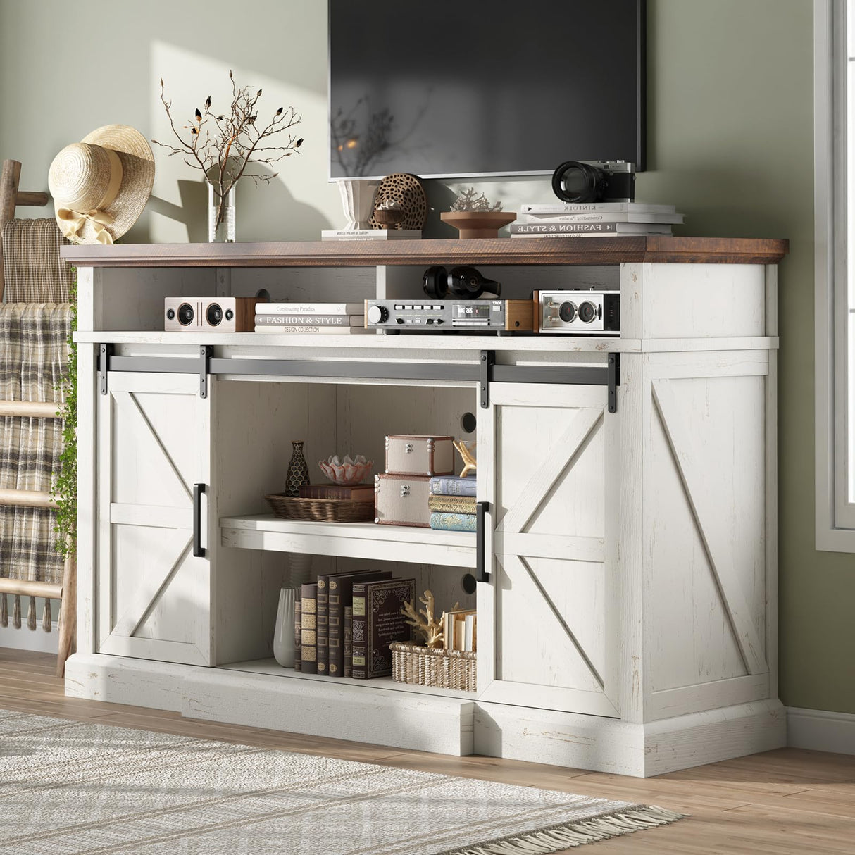 AMERLIFE 66" W Farmhouse TV Stand, Wood 40" H Tall Entertainment Center with Sliding Barn Door & Large Storage Shelves, Rustic Media Console for TVs up to 75", Distressed White AMERLIFE