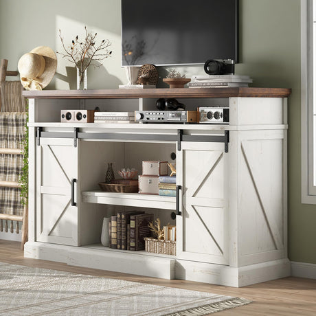 AMERLIFE 66" W Farmhouse TV Stand, Wood 40" H Tall Entertainment Center with Sliding Barn Door & Large Storage Shelves, Rustic Media Console for TVs up to 75", Distressed White AMERLIFE
