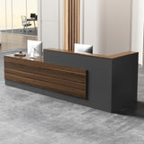 Modern L-Shaped Reception Desk with Hutch, Office Reception Counter Table with Lockable Drawer and Door Cabinet, Wooden Computer Front Desk (Walnut+lron Gray-Right Cabinet, 62.99"L*23.62"W*41.34"H) Nuipesn