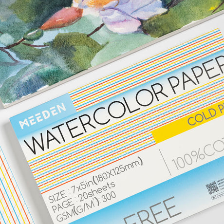 MEEDEN Watercolor Paper Block, 100% Cotton Watercolor Paper Pad of 20 Sheets, 140lb/300gsm, Acid-Free Art Paper for Watercolor, Gouache, Ink and More, 5" x 7" Cold Press MEEDEN