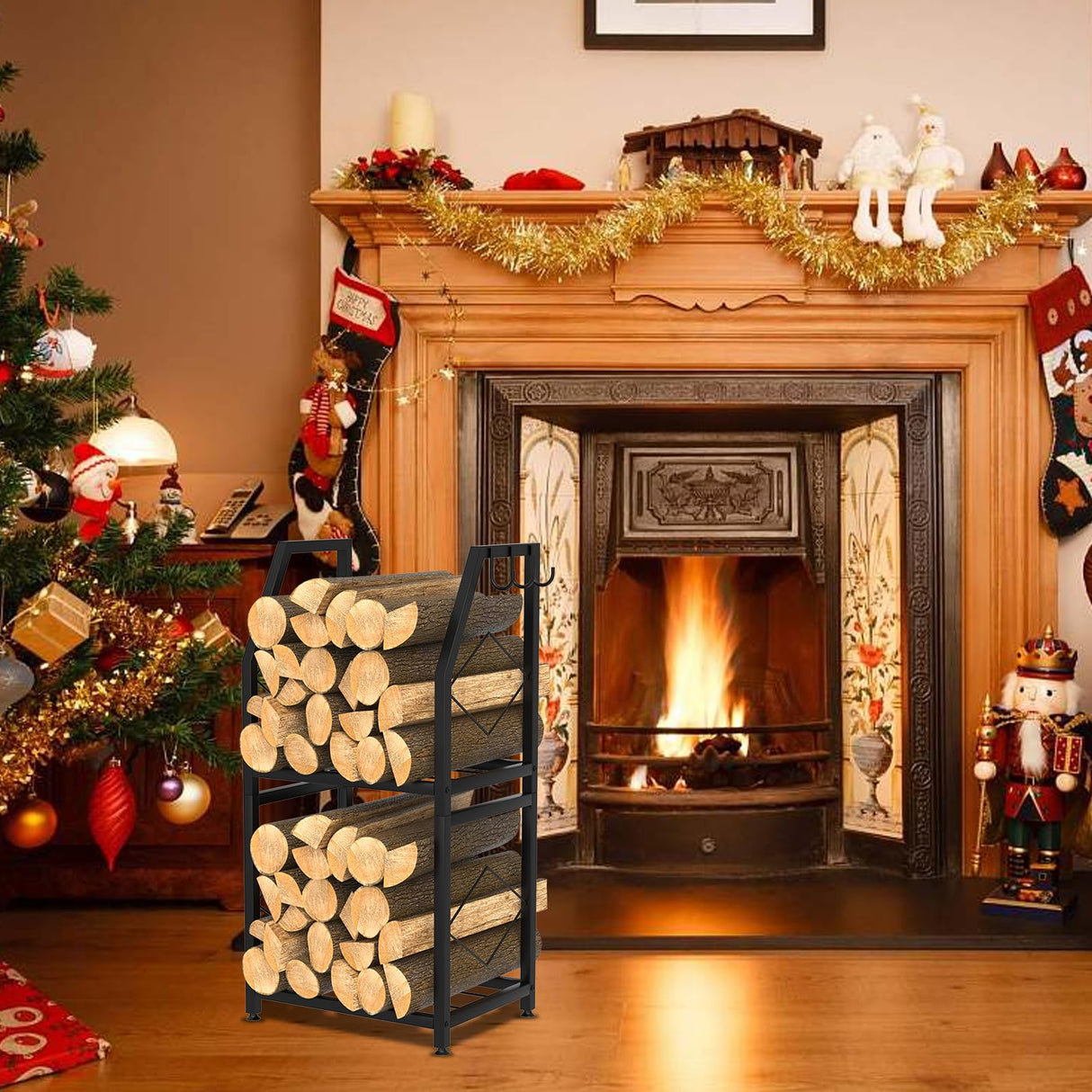 VyGrow Firewood Rack for Indoor, 2-Tier Firewood Holder with 3 Hanging Hooks, Heavy Duty Wood Rack for Outdoor Patio, Black, 11.8" D x 15.7" W x 31.9" H VyGrow