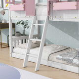 Bellemave Twin Over Twin House Bunk Bed, Wood Bunk Beds with Roof, Windows, Window Box and Small Door, Floor Bunk Beds with Ladder and Guard Rails for Kids (Pink+White) Bellemave