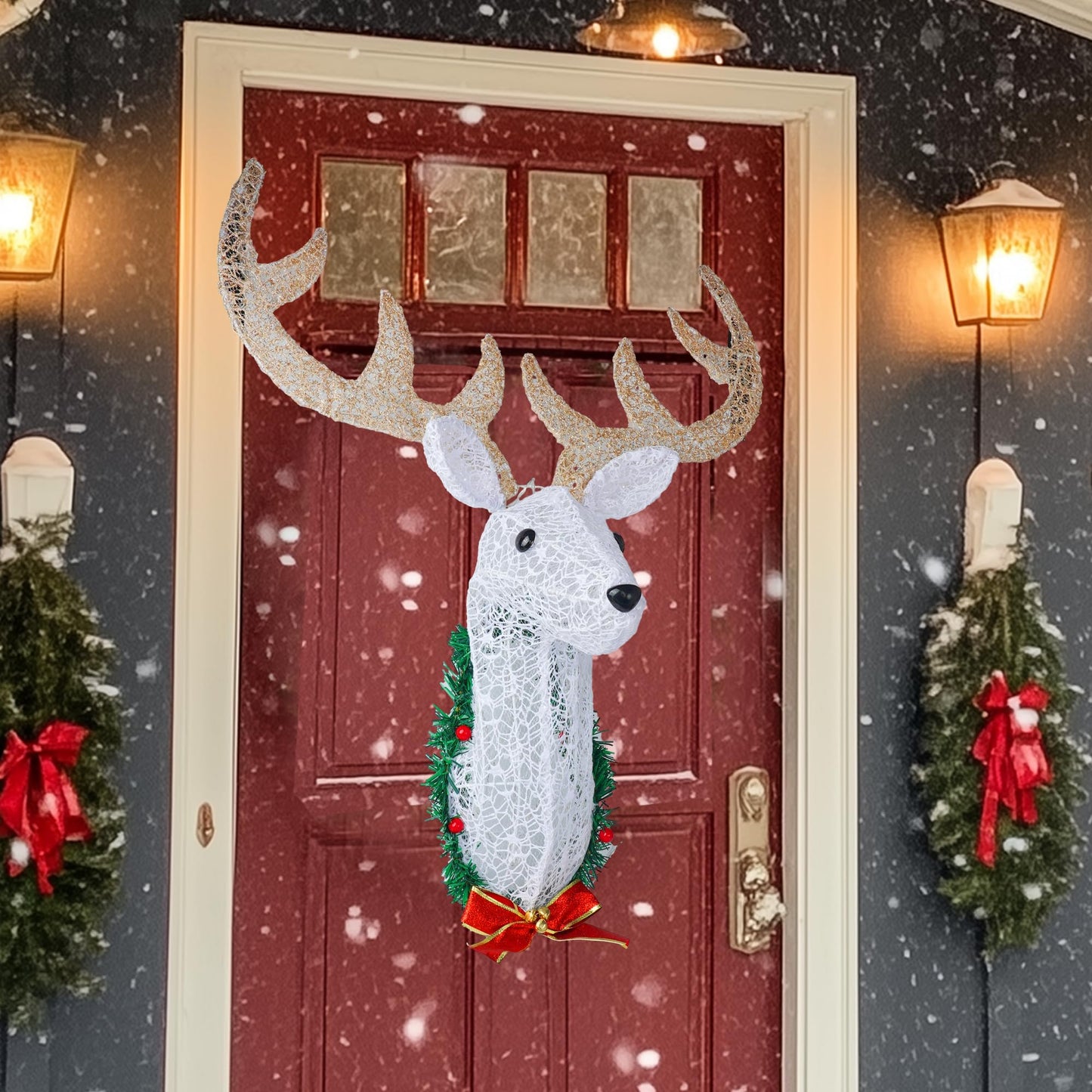 Hourleey Lighted Christmas Wall Decoration Reindeer Head, 32" 3D Battery Operated Rudolph Hanging Wreath with 8 Modes, Light Up Christmas Decor for Outdoor Indoor Front Door Window Xmas