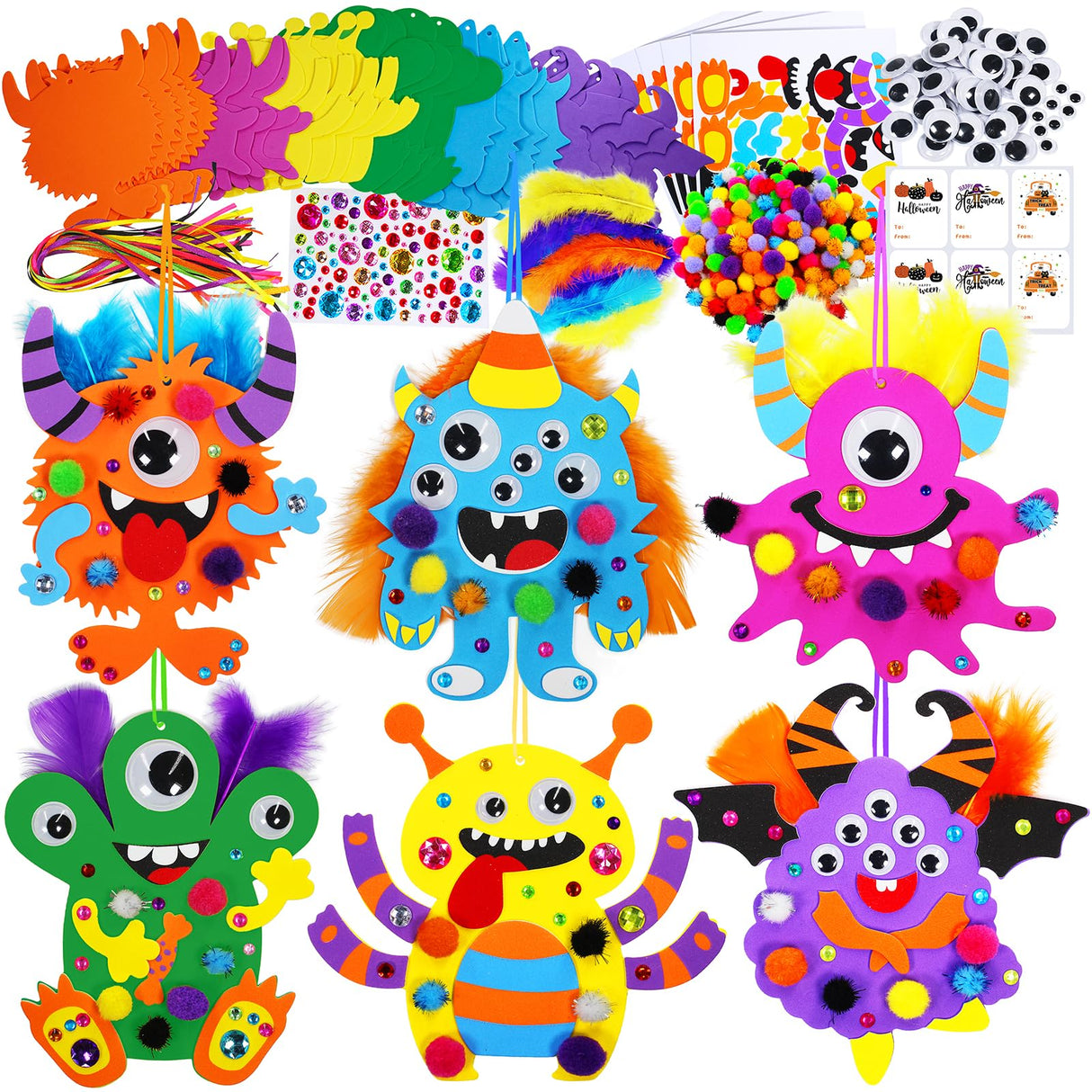 Winlyn 24 Sets Fall Kids Crafts DIY Monster Ornaments Decorations Art Sets Foam Monster Stickers Googly Eyes for Kids Autumn Halloween Classroom Party Activities Winlyn