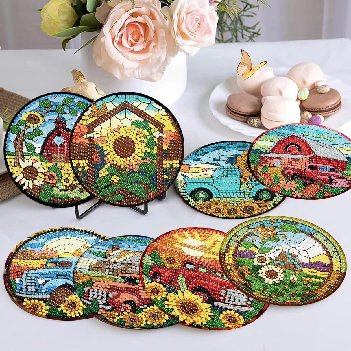 8 Pcs Fall Diamond Art Coasters Kit for Adults - Flowers Painting Set With Holder Cork Pads DIY Sunflower Truck Crafts for Beginners Meothan