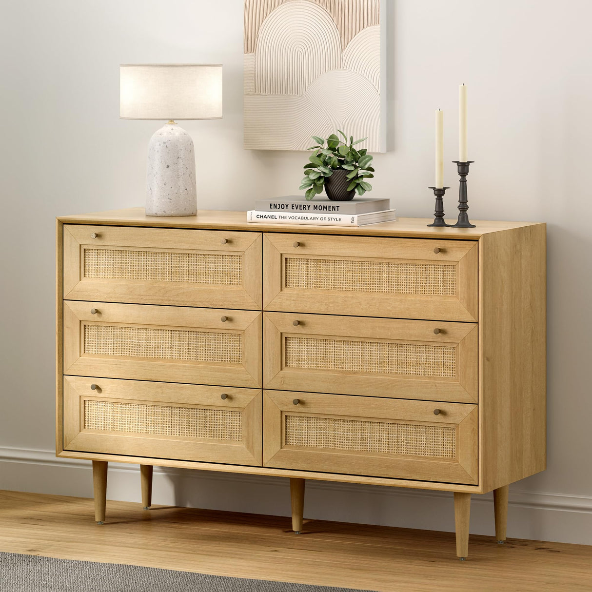 EYYTHUNG Rattan 6 Drawer Dresser, Modern Closet Dressers of Drawers with Natural Rattan, Boho Dresser Chest, TV Stand of Drawers, Wood Storage Drawer Organizer for Bedroom Living Room Entryway Hallway EYYTHUNG