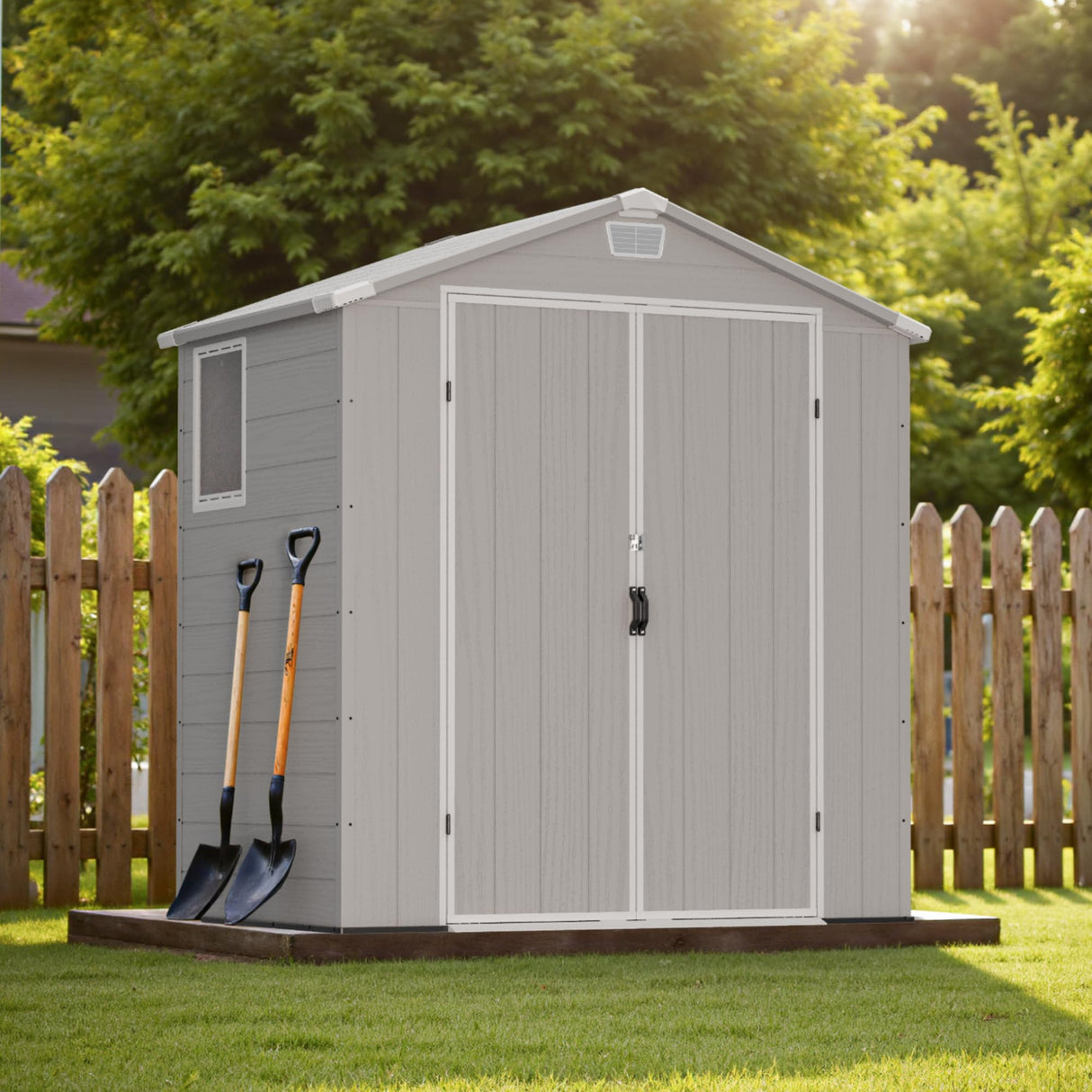 Greesum 6×4FT Plastic Outdoor Storage Shed with Floor, Resin Storaged Sheds with Lockable Double Door, Window & Vents, All-Weather Tool Sheds for Garden, Backyard, Patio, Light Gray Greesum