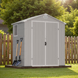 Greesum 6×4FT Plastic Outdoor Storage Shed with Floor, Resin Storaged Sheds with Lockable Double Door, Window & Vents, All-Weather Tool Sheds for Garden, Backyard, Patio, Light Gray Greesum