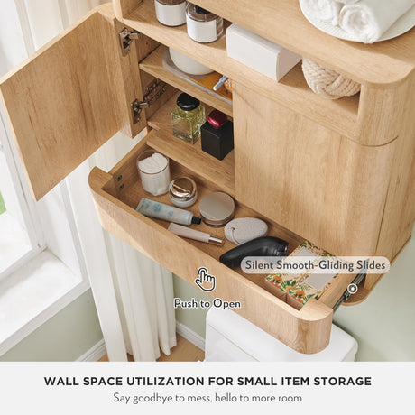 ACCOHOHO Modern Minimalist Bathroom Medicine Cabinet with Adjustable Shelf, Sliding Drawer and Magnetic Push Latch, Above Toilet Wall Mounted Hanging Storage Cabinet, Natural Oak ACCOHOHO