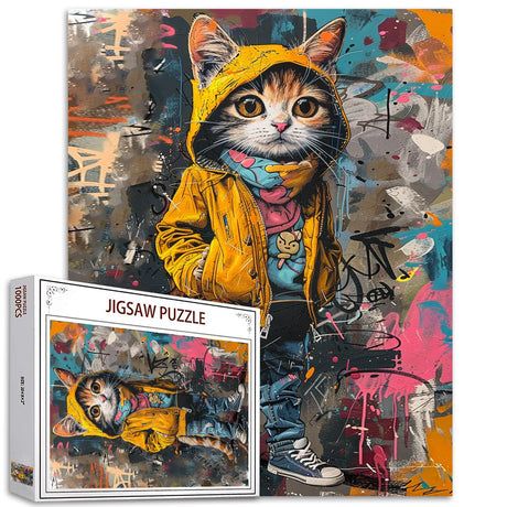 1000 Piece Puzzle for Adults Yellow Kitten Puzzle - Family Puzzle Toys,Abstract Graffiti Cat Puzzles Gift Hip-hop Style 1000 Pieces Jigsaw Puzzles Creative Colorful Animals Theme Tucocoo
