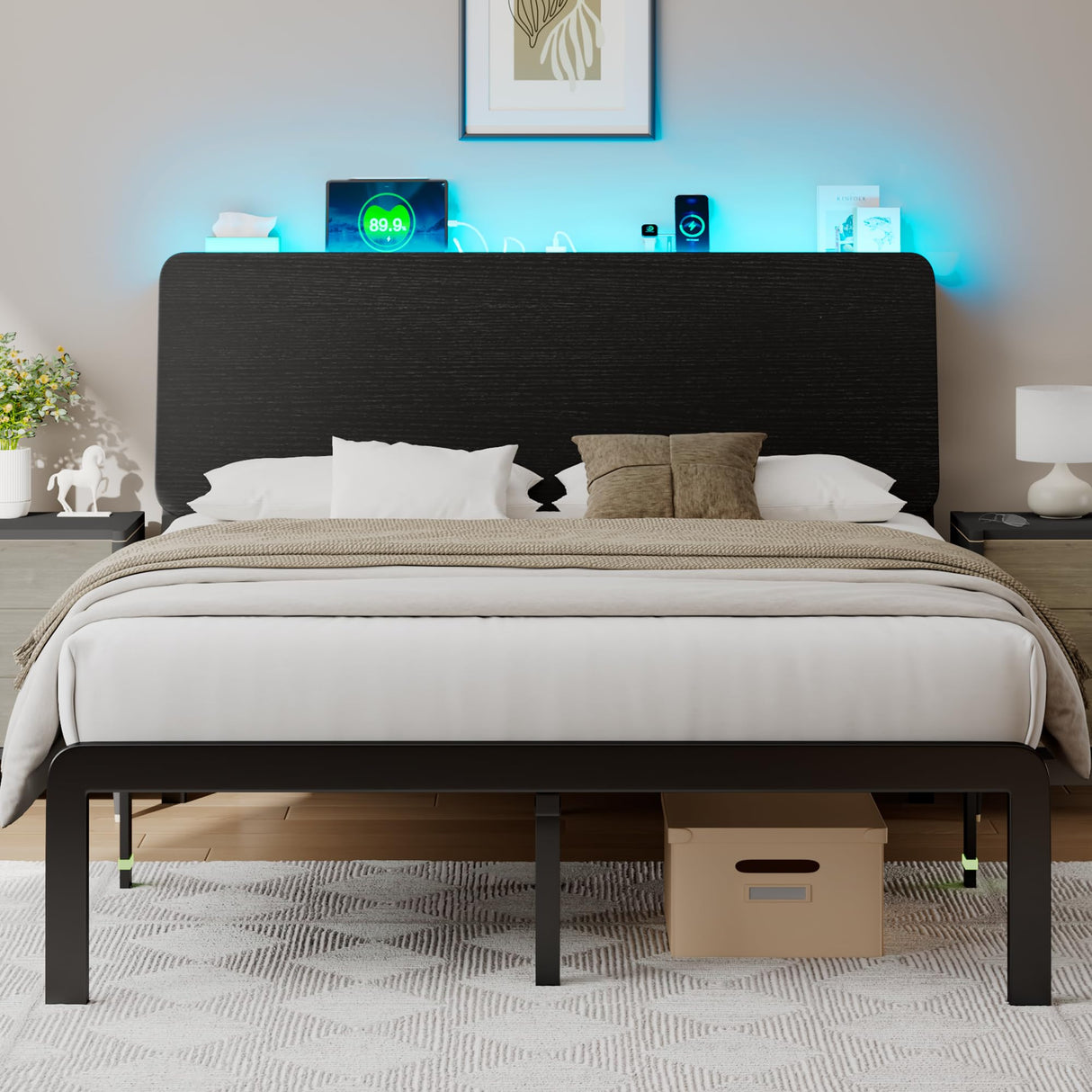 Feonase Queen Bed Frame with Ergonomic Storage Headboard & Charging Station, LED Platform Bed Frame, Heavy Duty Metal Slats, Easy Assembly, Black Feonase