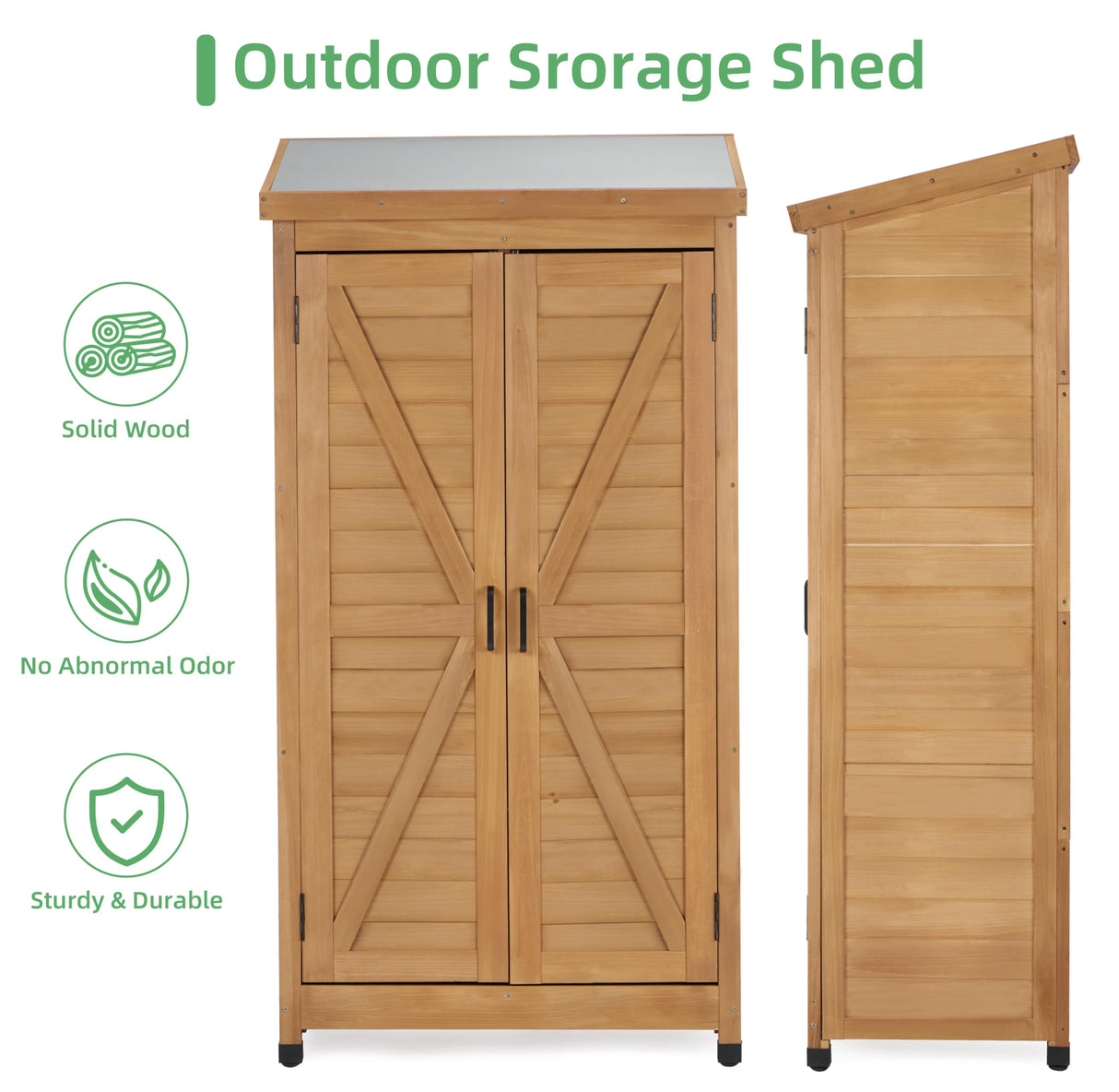 58''x30''x18'' Outdoor Wooden Storage Shed with Metal Top Tall Vertical Tool Cabinet for Backyard Garden Patio Lawn (Gold) Mederlo