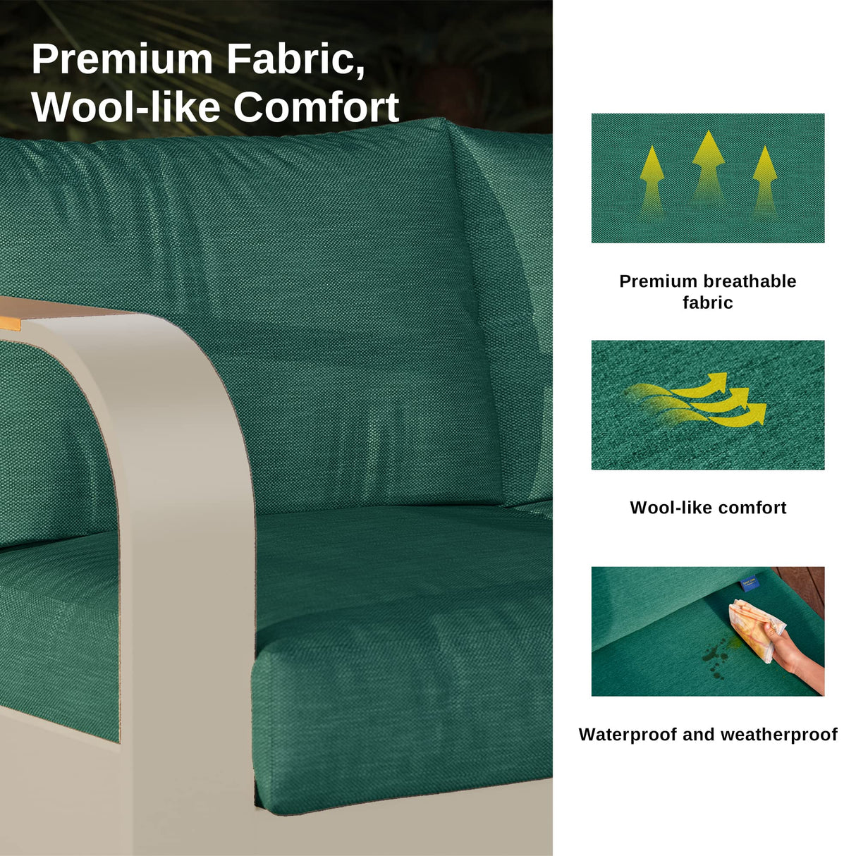 EAST OAK Signature 4 Pieces Patio Furniture Set, Aluminum Outdoor Furniture with Teak Wood Armrest, Sofa and Coffee Table Patio Set, Modern Patio Conversation Set for Porch, Champagne Gold & Green EAST OAK