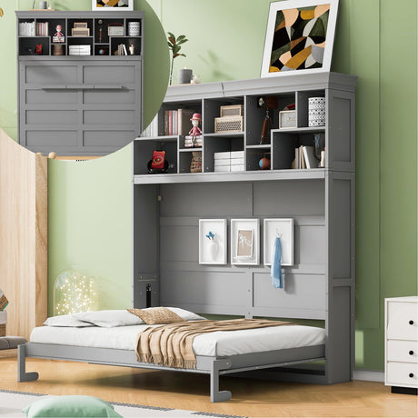 Merax Farmhouse Solid Wood Murphy Bed Chest with Top Shelves & USB Charging, Storage Wall Platform Bed with Wood Slat Support/Space Saving Queen,Gray Merax