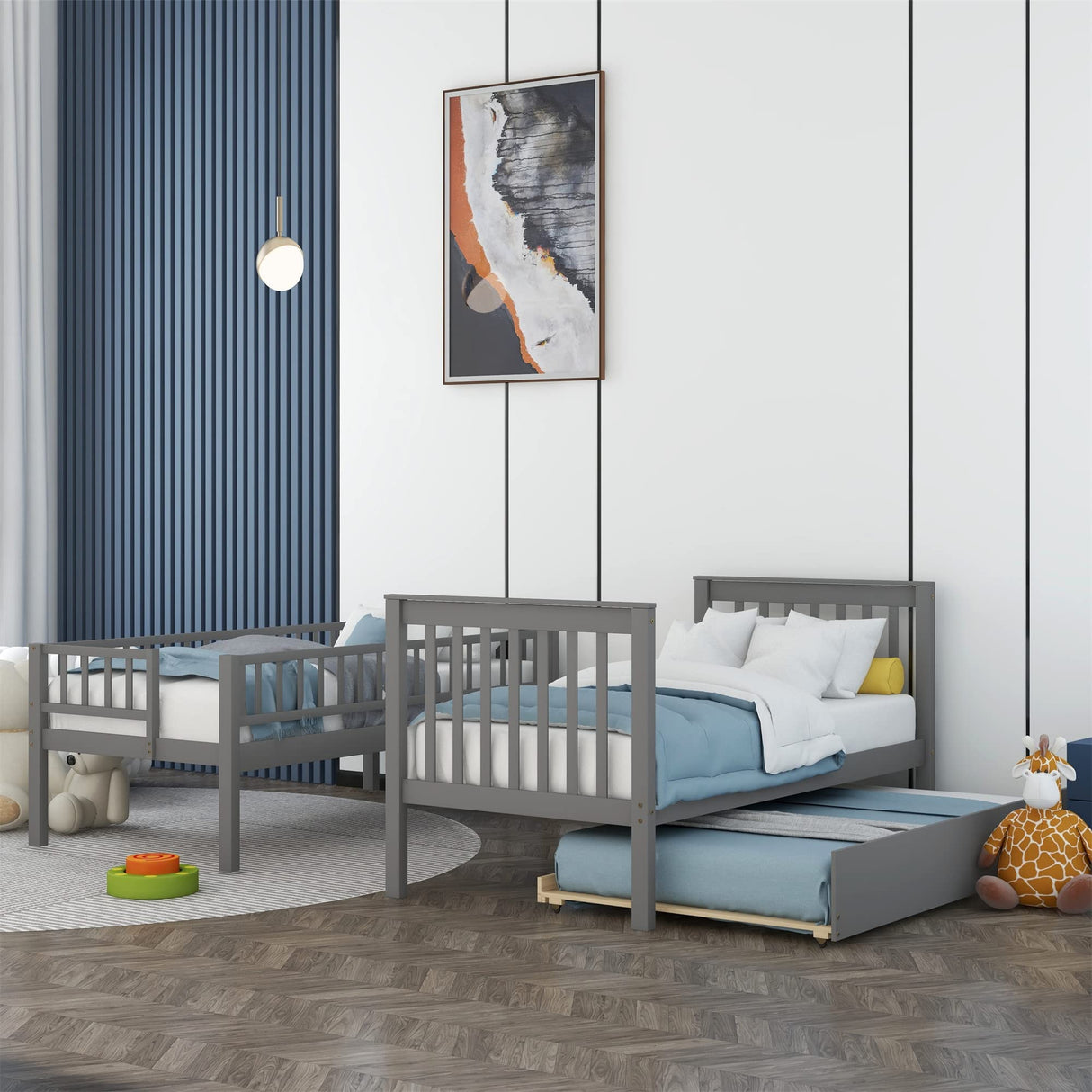 Harper & Bright Designs Twin Over Twin Bunk Bed with Trundle, Grey Harper & Bright Designs