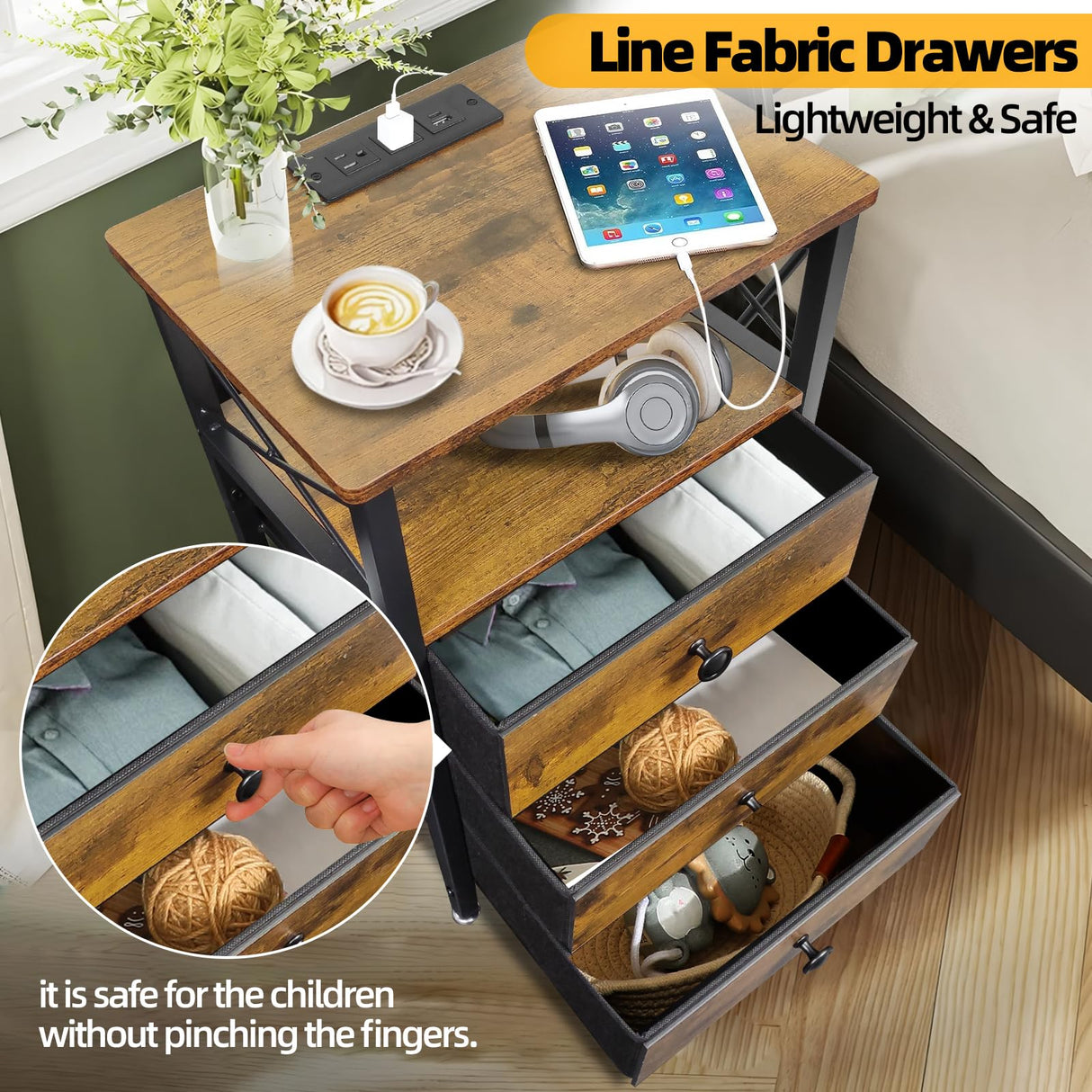 3 Drawer Wood and Metal Nightstand with LED Lights - 16"W×12"D×24"H Small Wood End Table with Charging Station, 20 Colors LED Bedside Table with Open Shelf, 3 Fabric Drawers with Wooden Front Panel Caredear