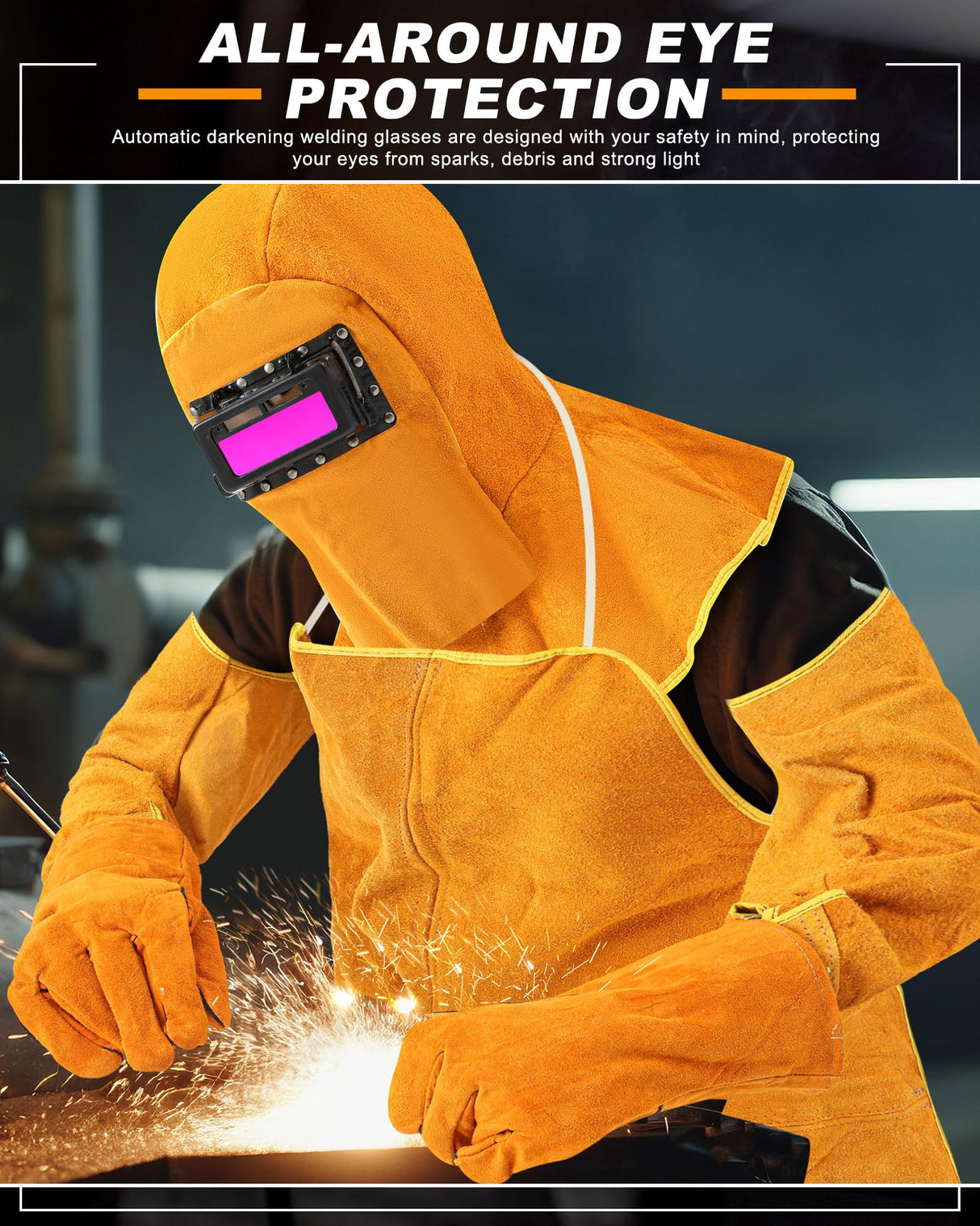 Jecery 5 Pcs Welding Flame Resistant 5 in 1 Set Include Cowhide Leather Welding Apron Welding Gloves Welding Sleeves Welding Spats Boot Covers Welding Hood with Light Lens and Neck Shoulder Protection Jecery