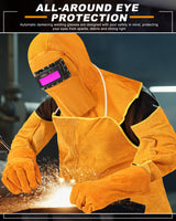 Jecery 5 Pcs Welding Flame Resistant 5 in 1 Set Include Cowhide Leather Welding Apron Welding Gloves Welding Sleeves Welding Spats Boot Covers Welding Hood with Light Lens and Neck Shoulder Protection Jecery