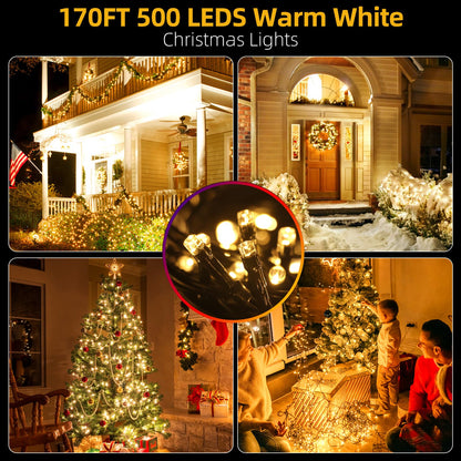 MZD8391 170FT 500 LED Christmas Lights Outdoor Indoor, Waterproof Christmas Tree Lights for Christmas Decorations with Timer, 8 Modes Memory Function (Warm White)